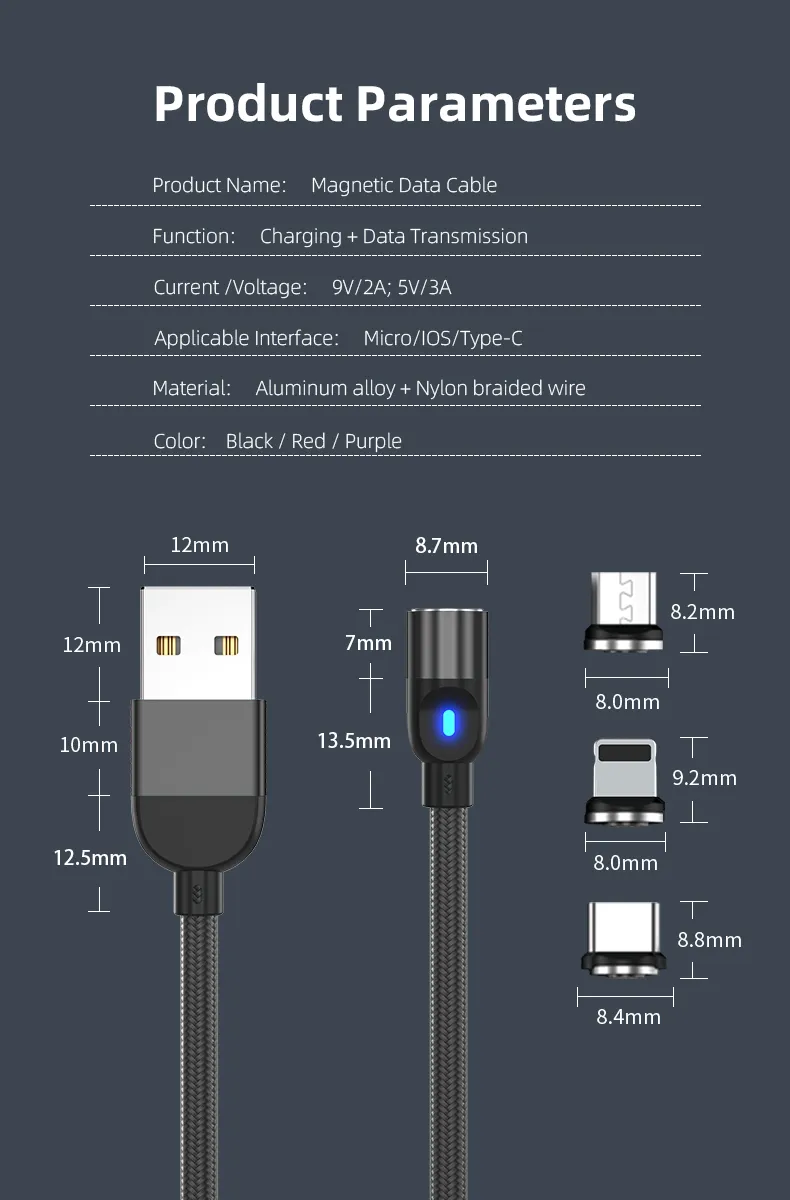 Upgraded 540 Degrees Rotating Magnetic Suction Fast Charging Cable Multifunctional USB Cable 3 in 1 with Micro/Lightning/Type-C Interface