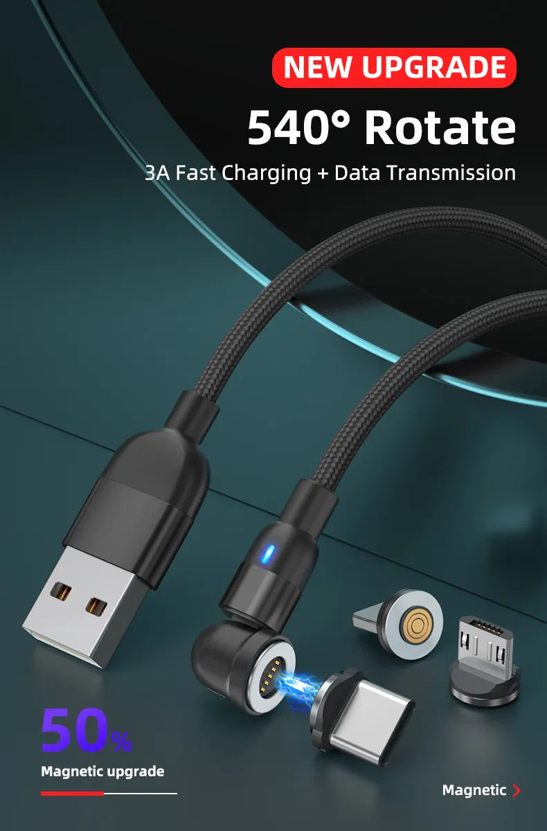 Upgraded Rotating 540 Degrees Magnetic Suction Fast Charging Cable USB Multifunctional 3 in 1 with Micro/Lightning/Type-C Interface Light Cable