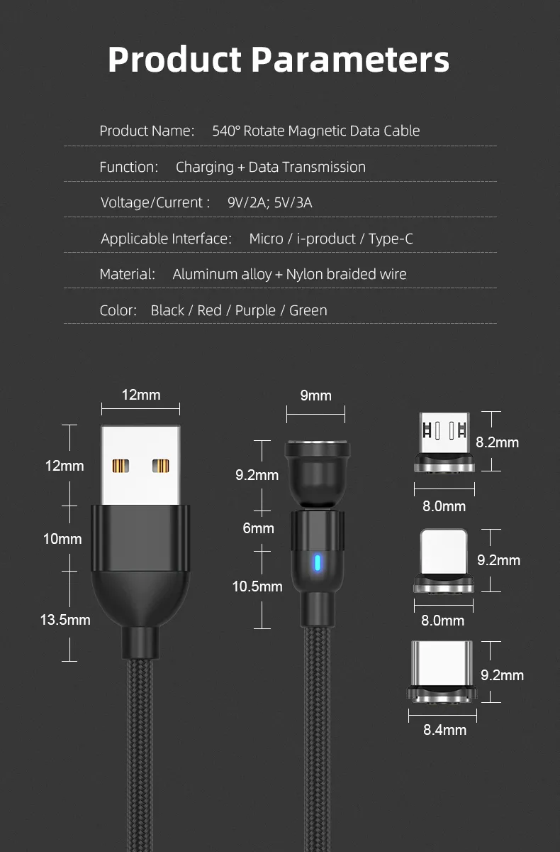 Upgraded Rotating 540 Degrees Magnetic Suction Fast Charging Cable USB Multifunctional 3 in 1 with Micro/Lightning/Type-C Interface Light Cable