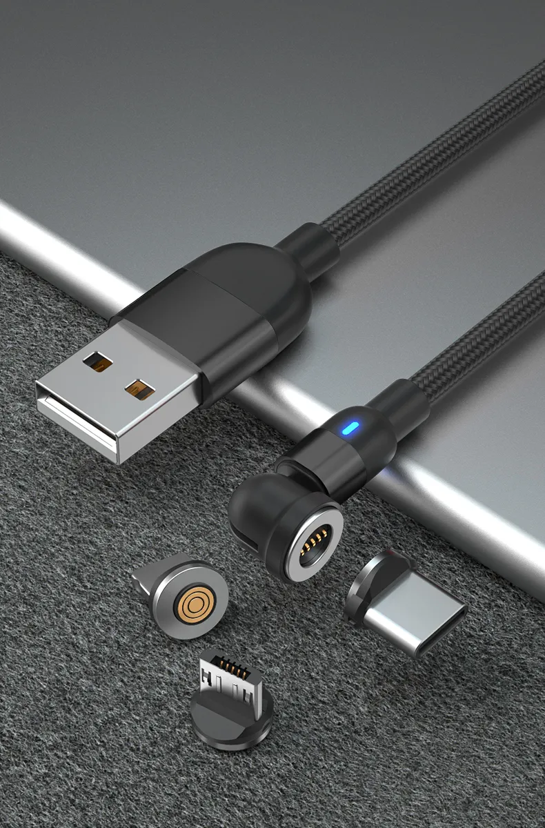 Upgraded Rotating 540 Degrees Magnetic Suction Fast Charging Cable USB Multifunctional 3 in 1 with Micro/Lightning/Type-C Interface Light Cable