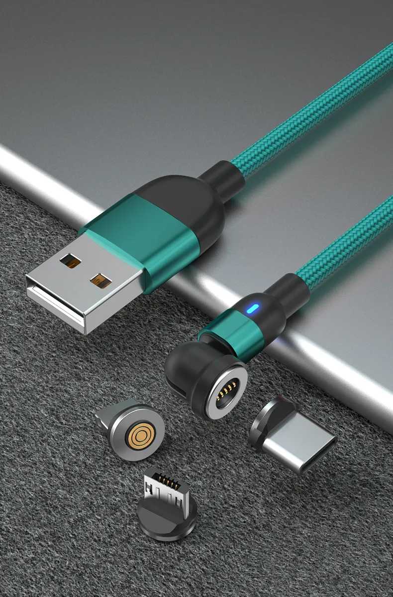 Upgraded Rotating 540 Degrees Magnetic Suction Fast Charging Cable USB Multifunctional 3 in 1 with Micro/Lightning/Type-C Interface Light Cable