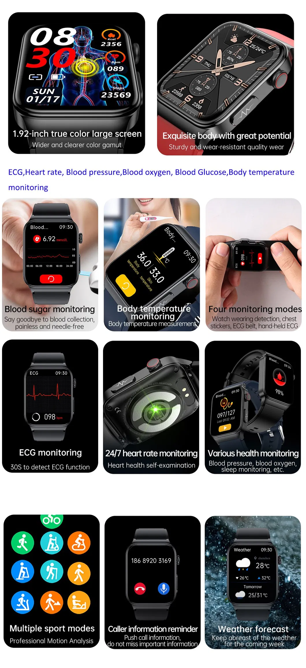 2024 Heart Rate Blood Pressure Blood Oxygen Monitoring Blood Glucose Health ECG E500 Smart Watch