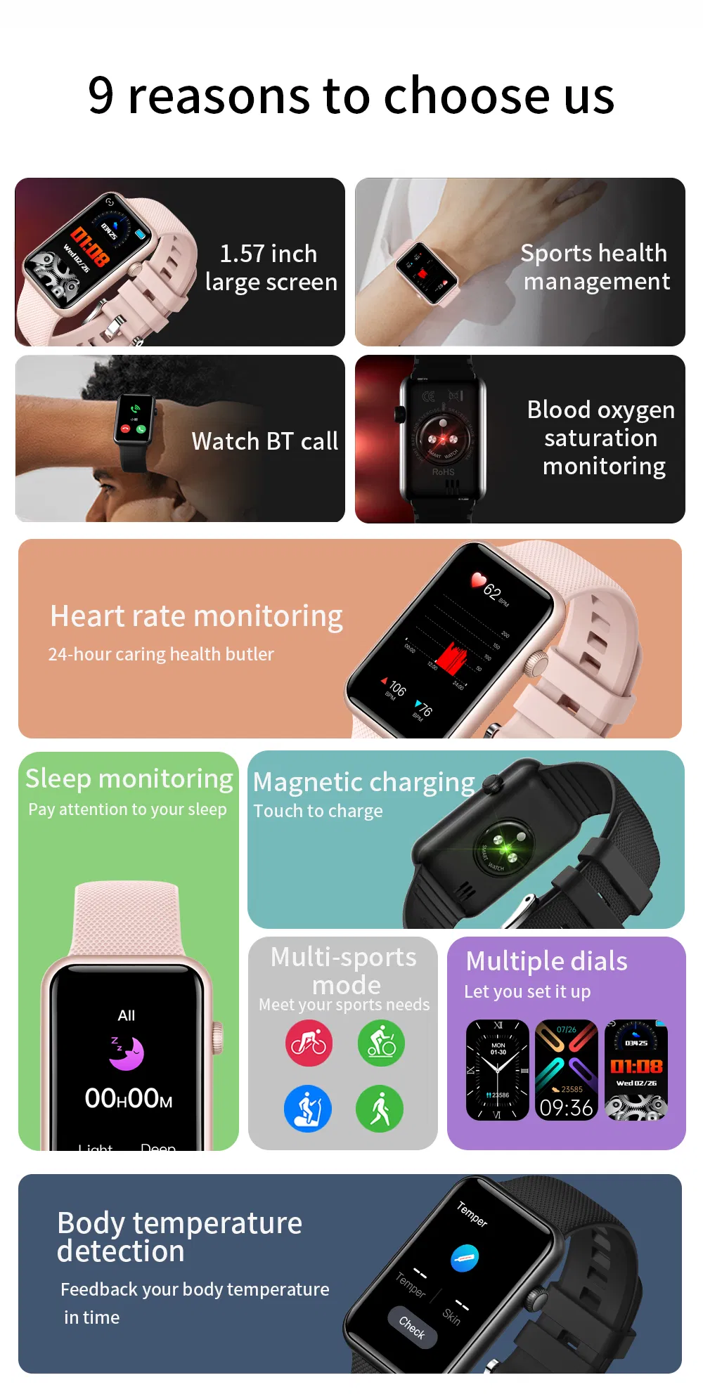 Factory Direct supply IP67 waterproof Smart Bluetooth Watch with Body Temperature heart rate blood pressure HT5