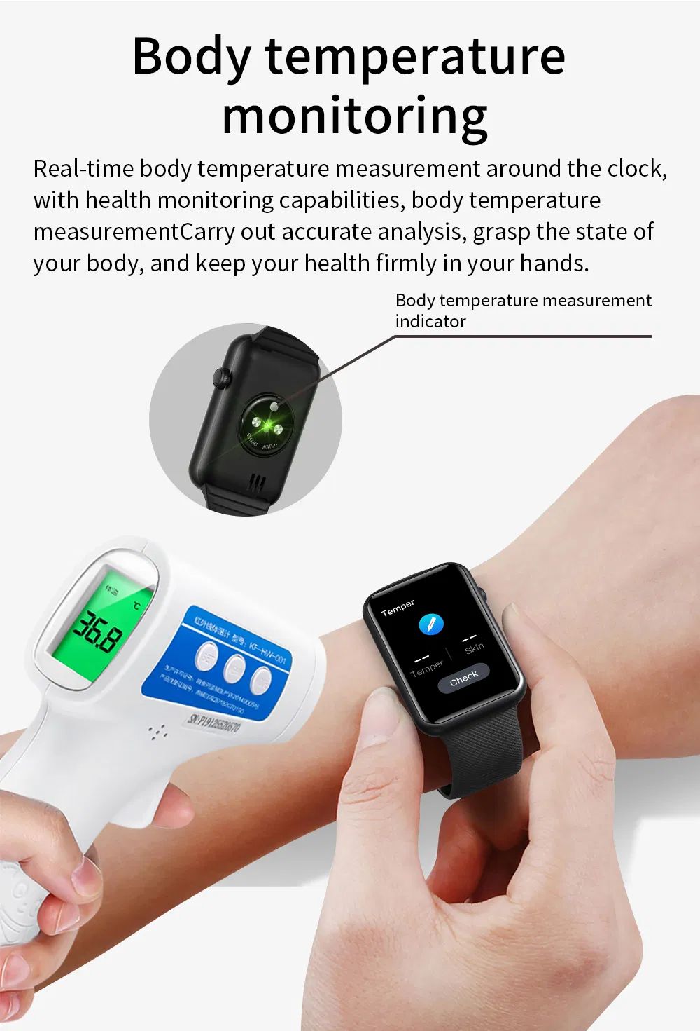 Factory Direct supply IP67 waterproof Smart Bluetooth Watch with Body Temperature heart rate blood pressure HT5