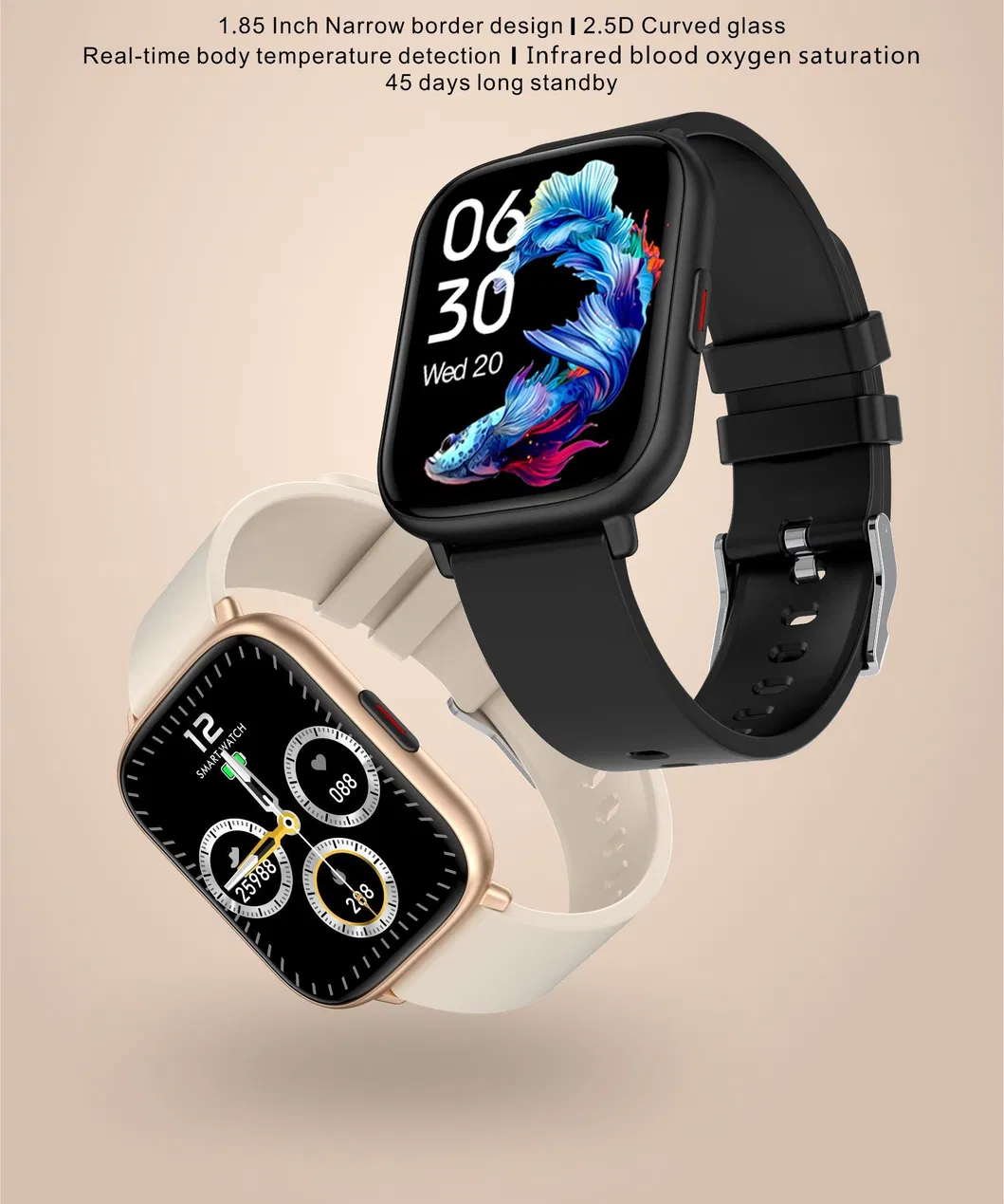 Full view 1.85inch Touch Screen SPO2 heart rate Blood pressure body temperature Smart Watch GT2