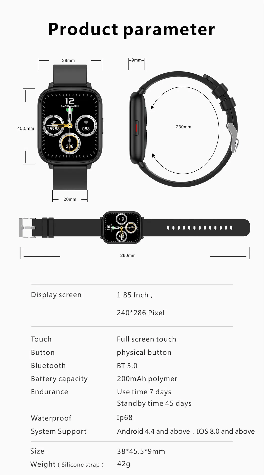 Full view 1.85inch Touch Screen SPO2 heart rate Blood pressure body temperature Smart Watch GT2