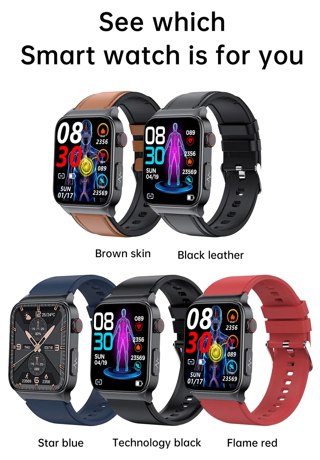 Sports Smart Watch Electrocardiogram Temperature Blood Oxygen Sleep Monitoring Blood Glucose ECG PPG Smart Watch E500