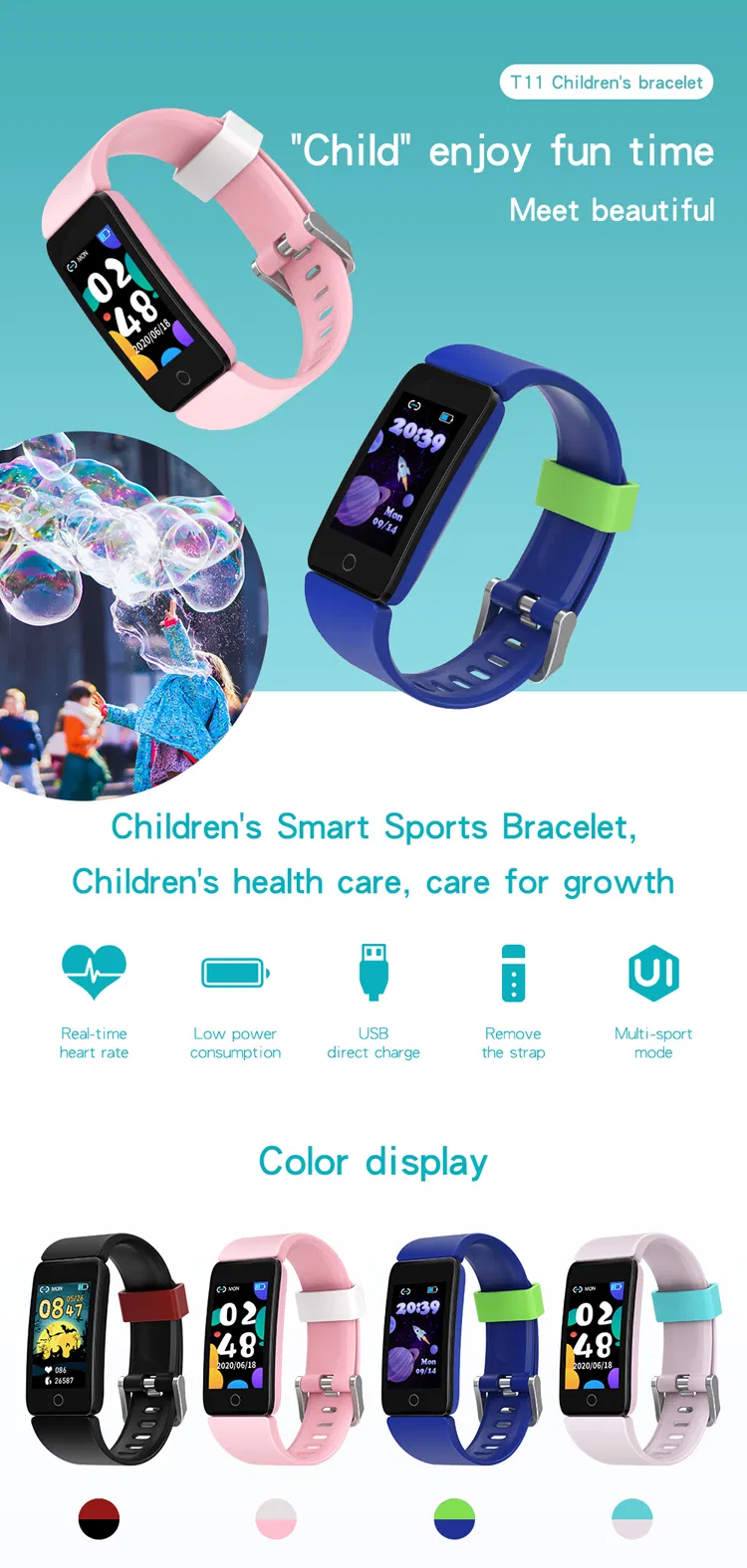 Waterproof IP68 Latest Kids Smart Bracelet with Heart Rate Blood Pressure T11