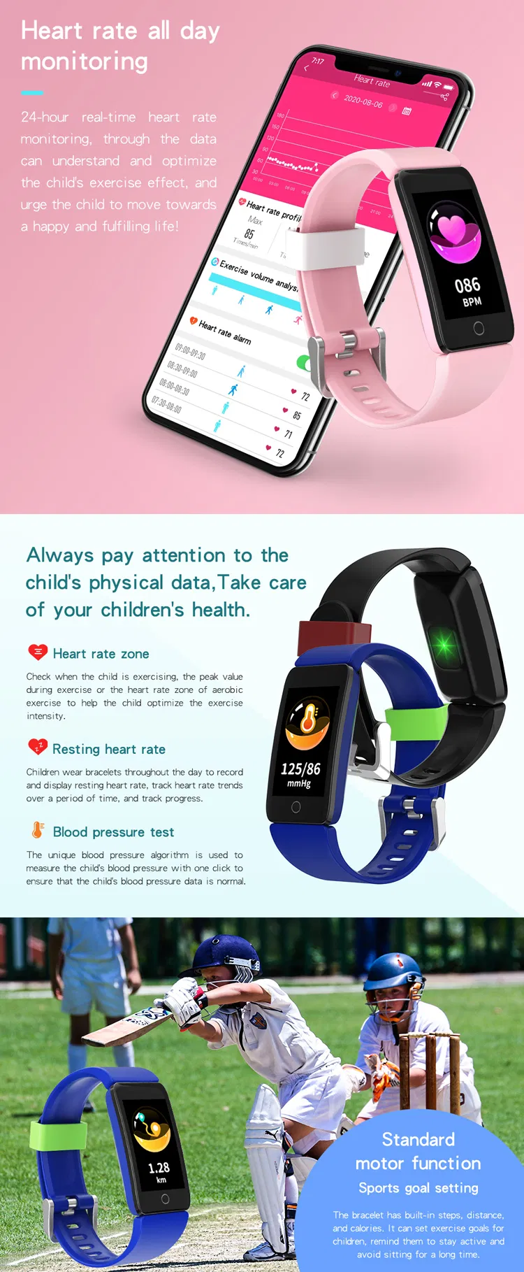 Waterproof IP68 Latest Kids Smart Bracelet with Heart Rate Blood Pressure T11