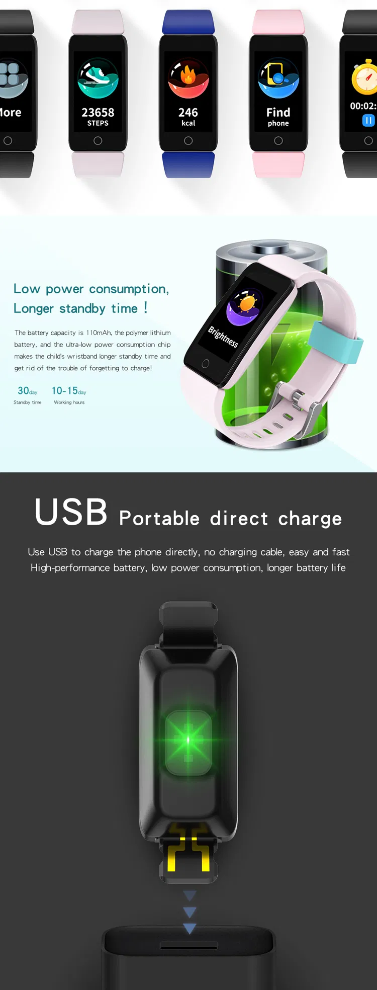 Waterproof IP68 Latest Kids Smart Bracelet with Heart Rate Blood Pressure T11