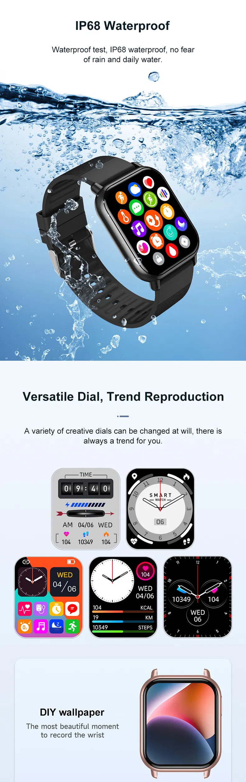 2024 China factory quality IP68 waterproof Slim design Smart Watch with HR BP Blood pressure for senior healthcare ZW32