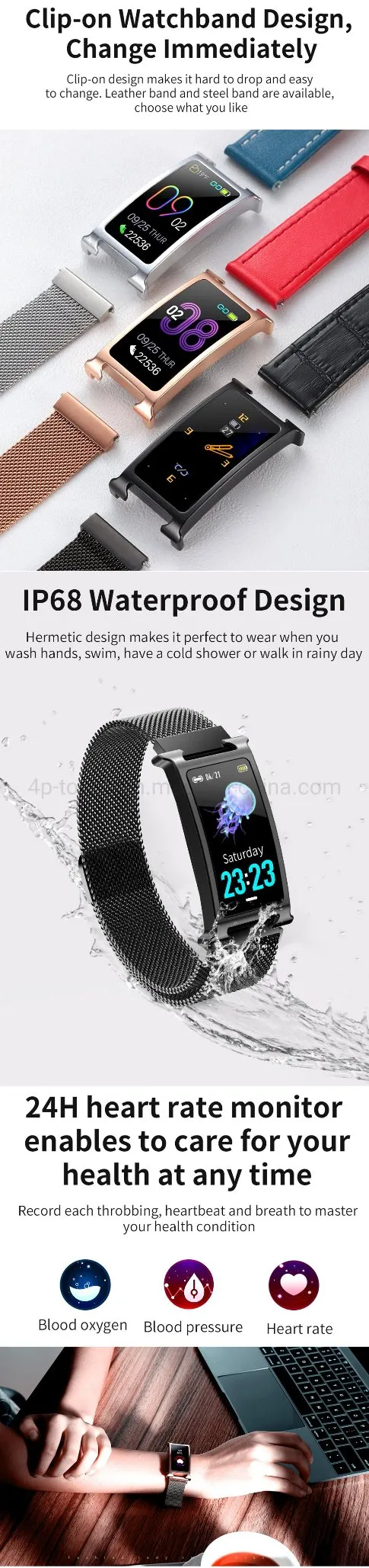 2024 New 1.08 Inch Colour Screen Smart IP68 Waterproof Bluetooth Bracelet F8