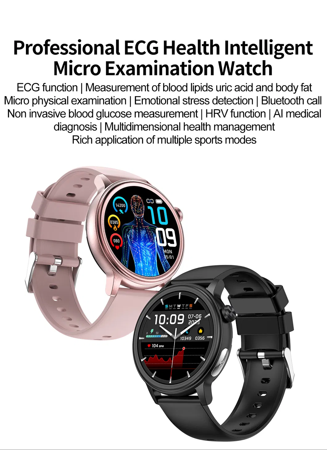 Bluetooth Call 1.39 Inch IP68 Waterproof ECG PPG Men Women Healthcare Smart Watch with Body Temperature SPO2 BP Blood Glucose Monitor ET470