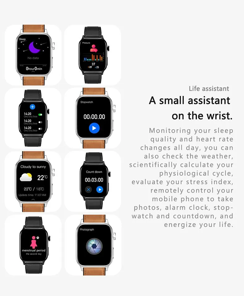 Fashion Design ECG PPG Blood Pressure Blood Glucose IP67 Waterproof Voice Call 1.85 Inch Body Temperature Bluetooth Smart Watch for Adults Health Care GT22