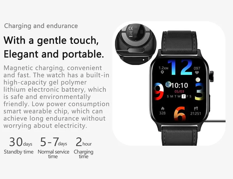 Fashion Design ECG PPG Blood Pressure Blood Glucose IP67 Waterproof Voice Call 1.85 Inch Body Temperature Bluetooth Smart Watch for Adults Health Care GT22