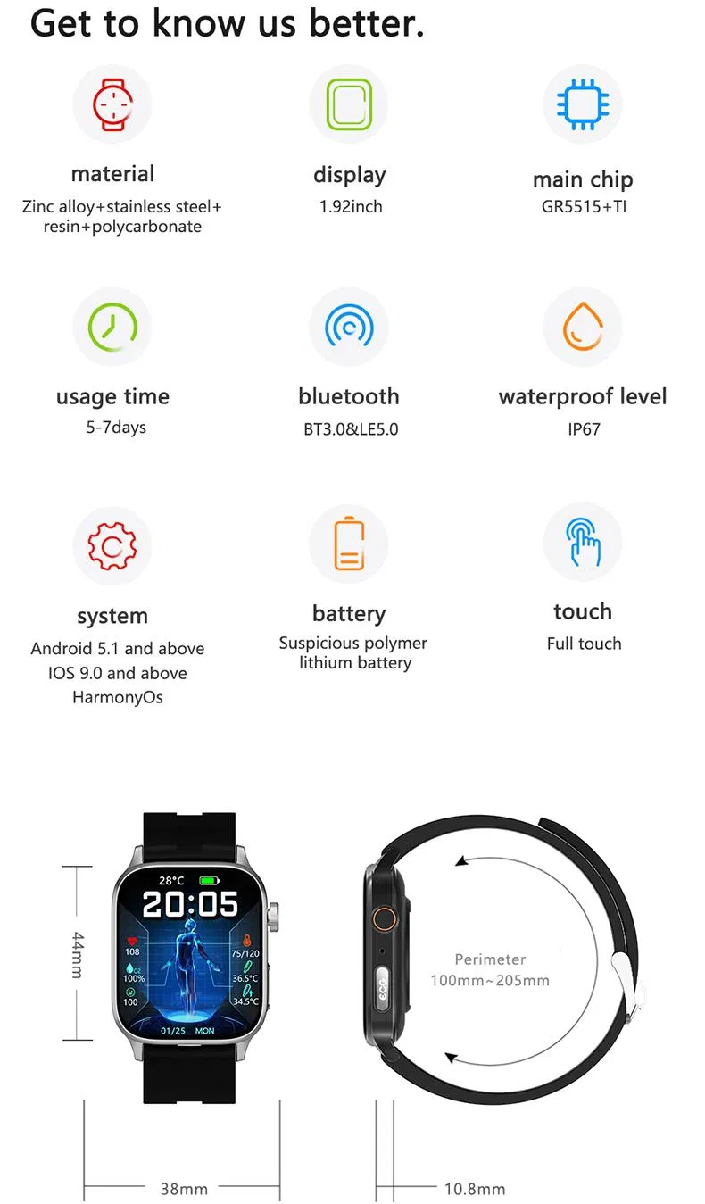 Fashion Design ECG PPG Blood Pressure Blood Glucose IP67 Waterproof Voice Call 1.85 Inch Body Temperature Bluetooth Smart Watch for Adults Health Care GT22