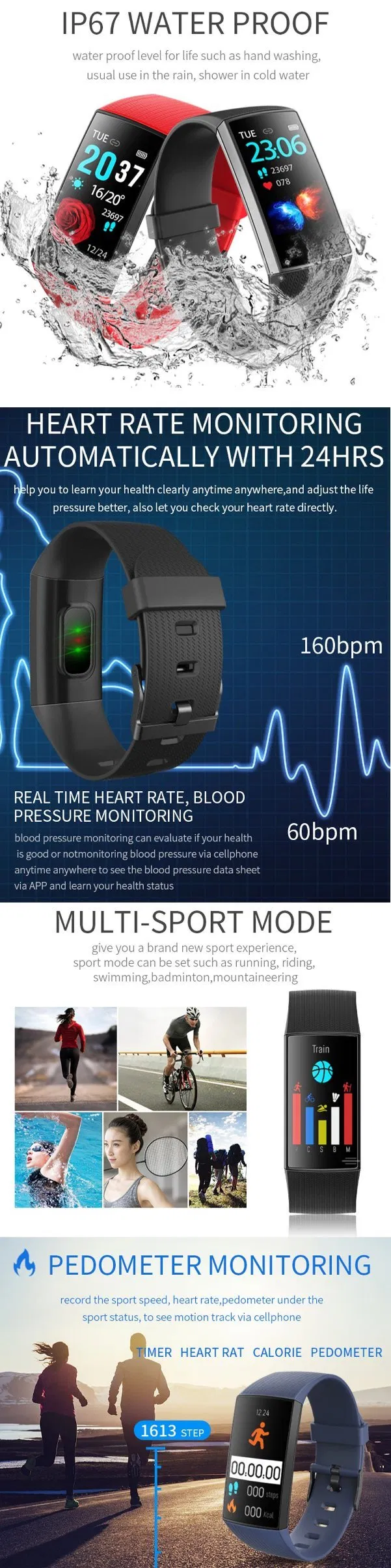 Fasional IP67 Waterproof Smart Bluetooth Bracelet with Heart Rate Monitor CY11