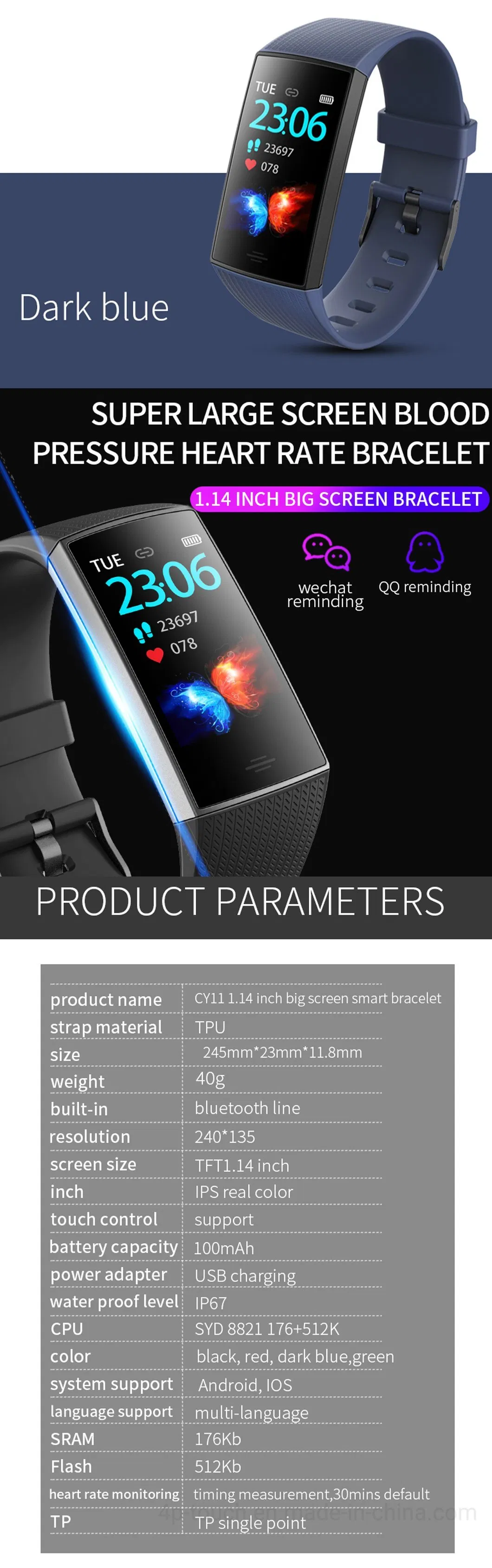 Fasional IP67 Waterproof Smart Bluetooth Bracelet with Heart Rate Monitor CY11