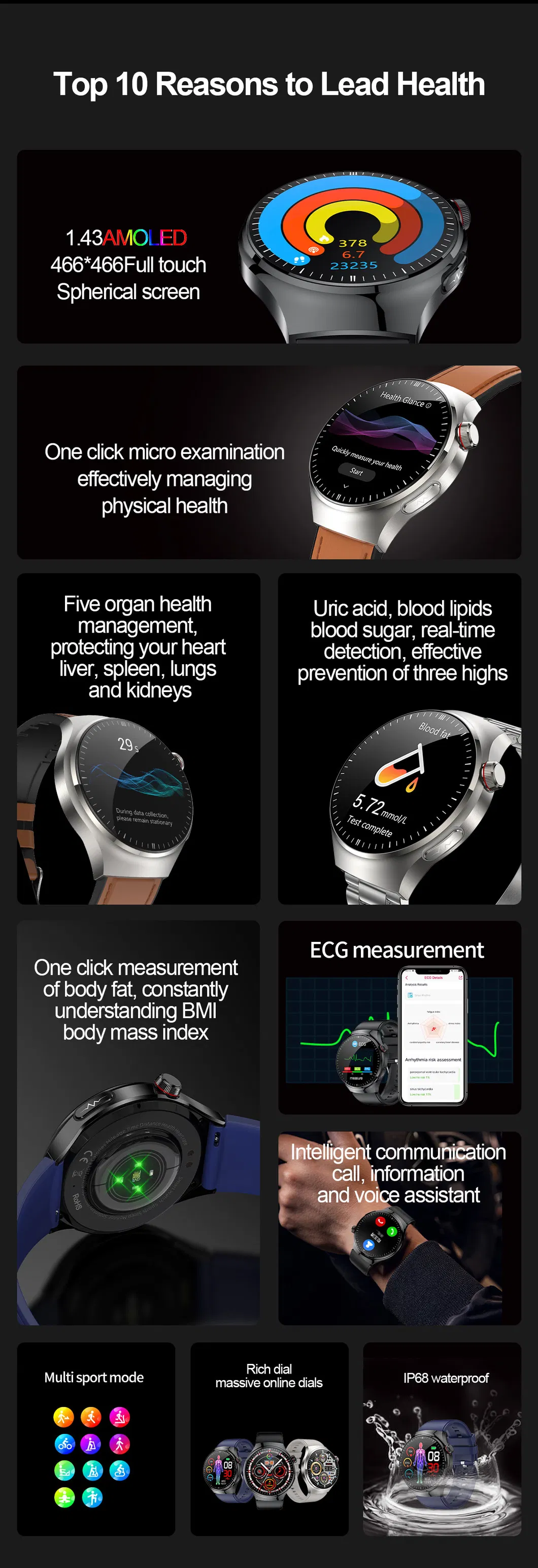 High quality Heart Rate Blood Pressure Blood Oxygen Body Temperature Monitoring Blood Glucose Healthcare ECG Smart bluetooth Watch TK26