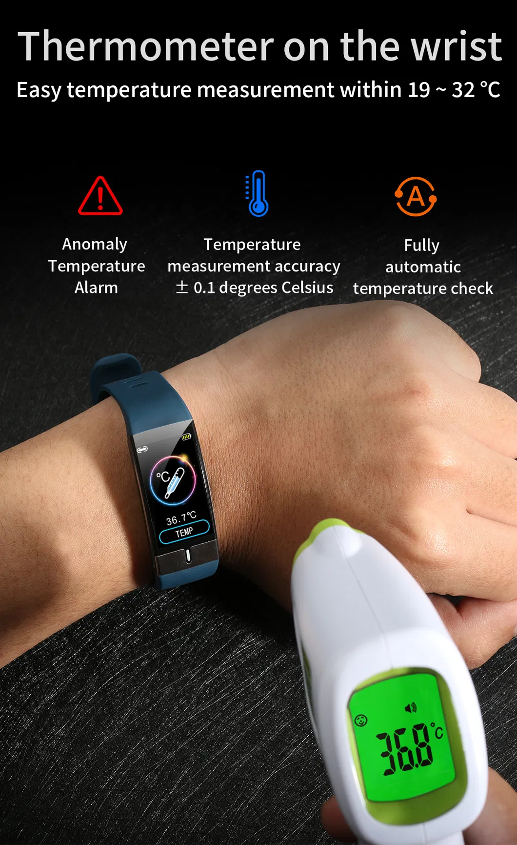 IP68 Waterproof Bluetooth Body Temperature Smart Bracelet with Health heart rate blood pressure Monitor E66