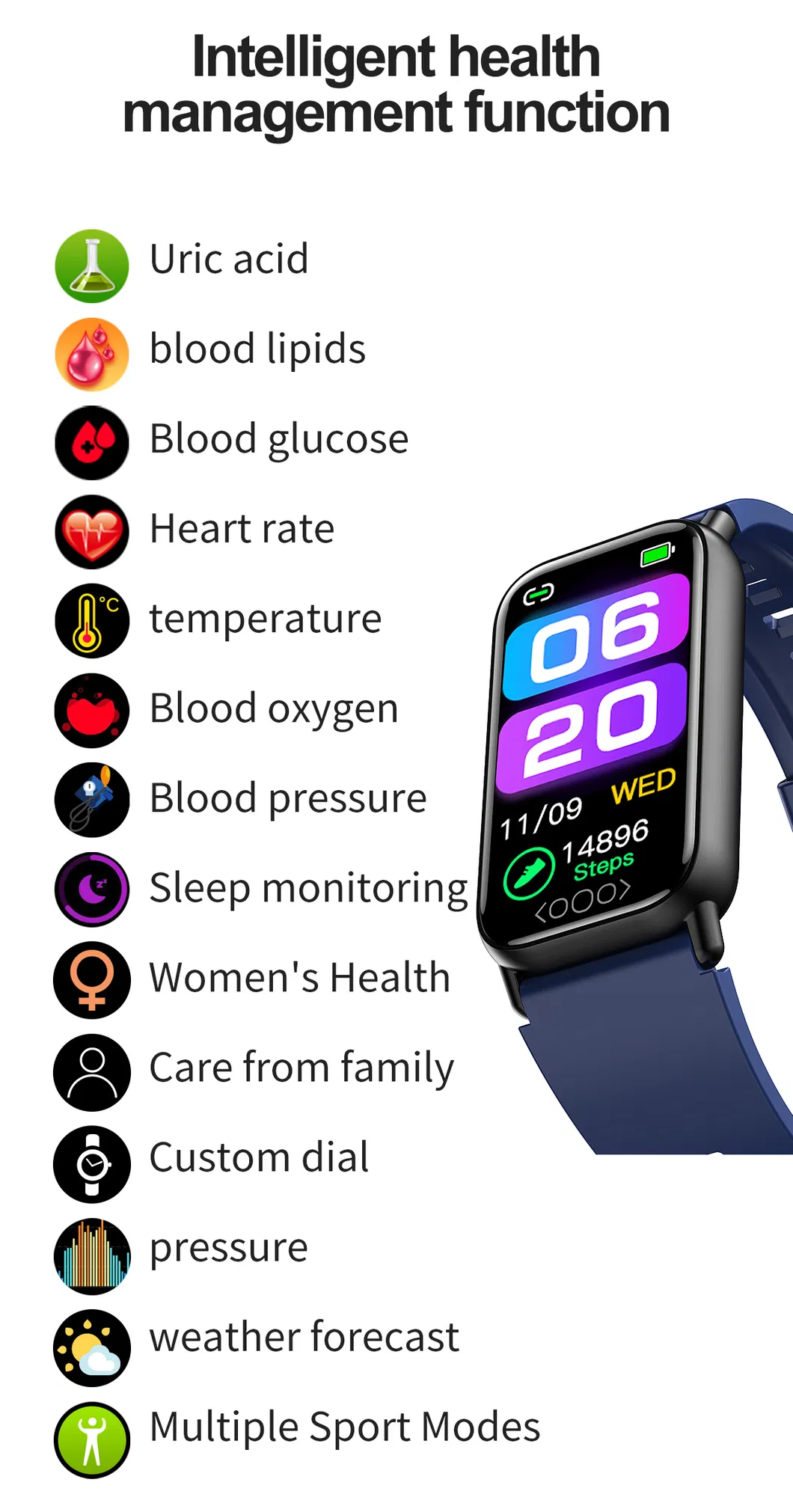 IP68 Waterproof Heart Rate Blood Pressure Blood Oyxgen Monitoring Smart WristBand with Body Temperature TK72