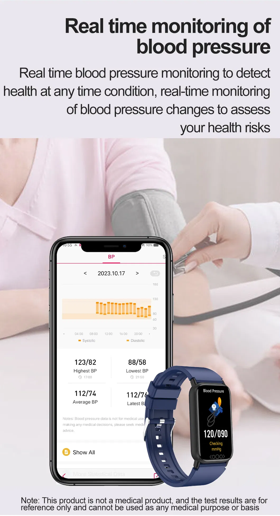 IP68 Waterproof Heart Rate Blood Pressure Blood Oyxgen Monitoring Smart WristBand with Body Temperature TK72