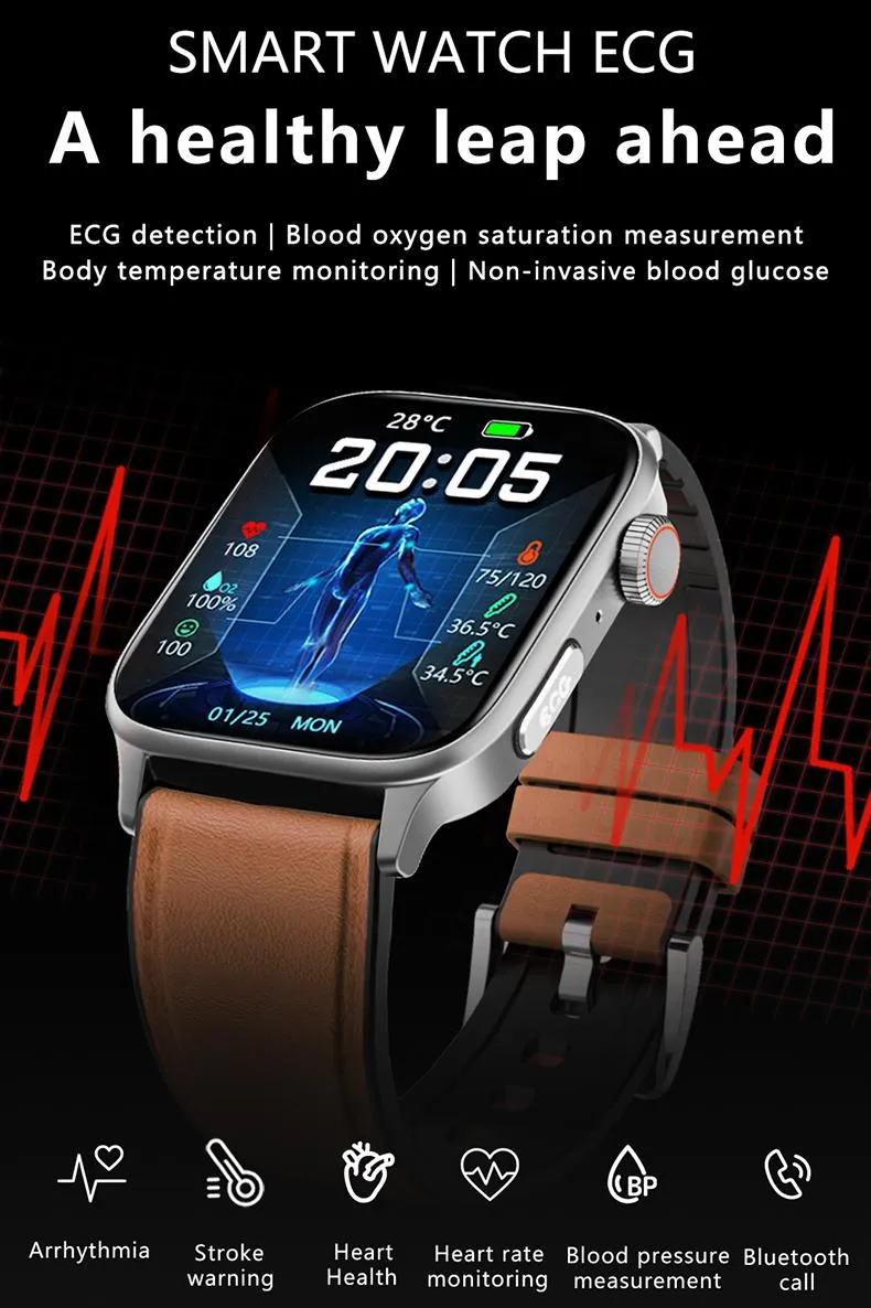 New Design Bluetooth Call 1.85 Inch PPG Heart Rate Blood Sugar Blood Pressure Thermometer Monitoring ECG IP67 Waterproof Smart BT Watch Bracelet GT22