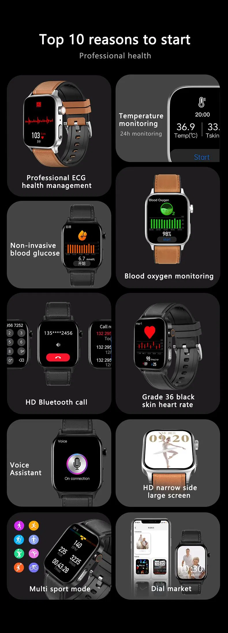 New Design Bluetooth Call 1.85 Inch PPG Heart Rate Blood Sugar Blood Pressure Thermometer Monitoring ECG IP67 Waterproof Smart BT Watch Bracelet GT22