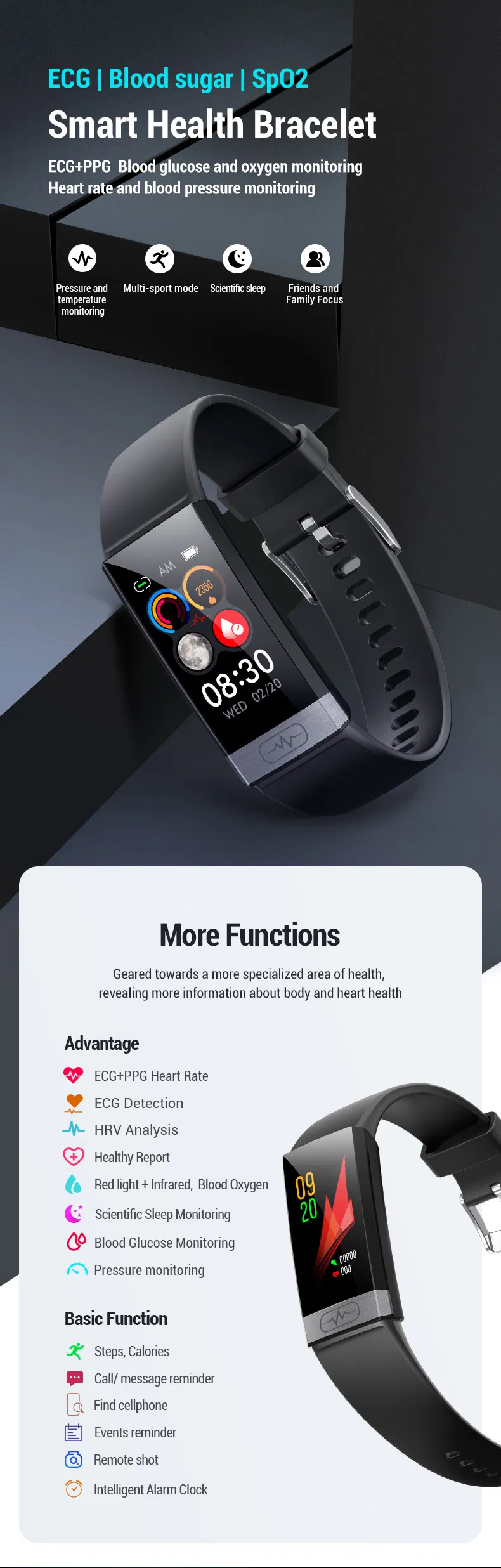 New Design Body Temperature Heart Rate Blood Glucose Monitoring ECG PPG Bluetooth Sport Fitness Smart Bracelet TK31