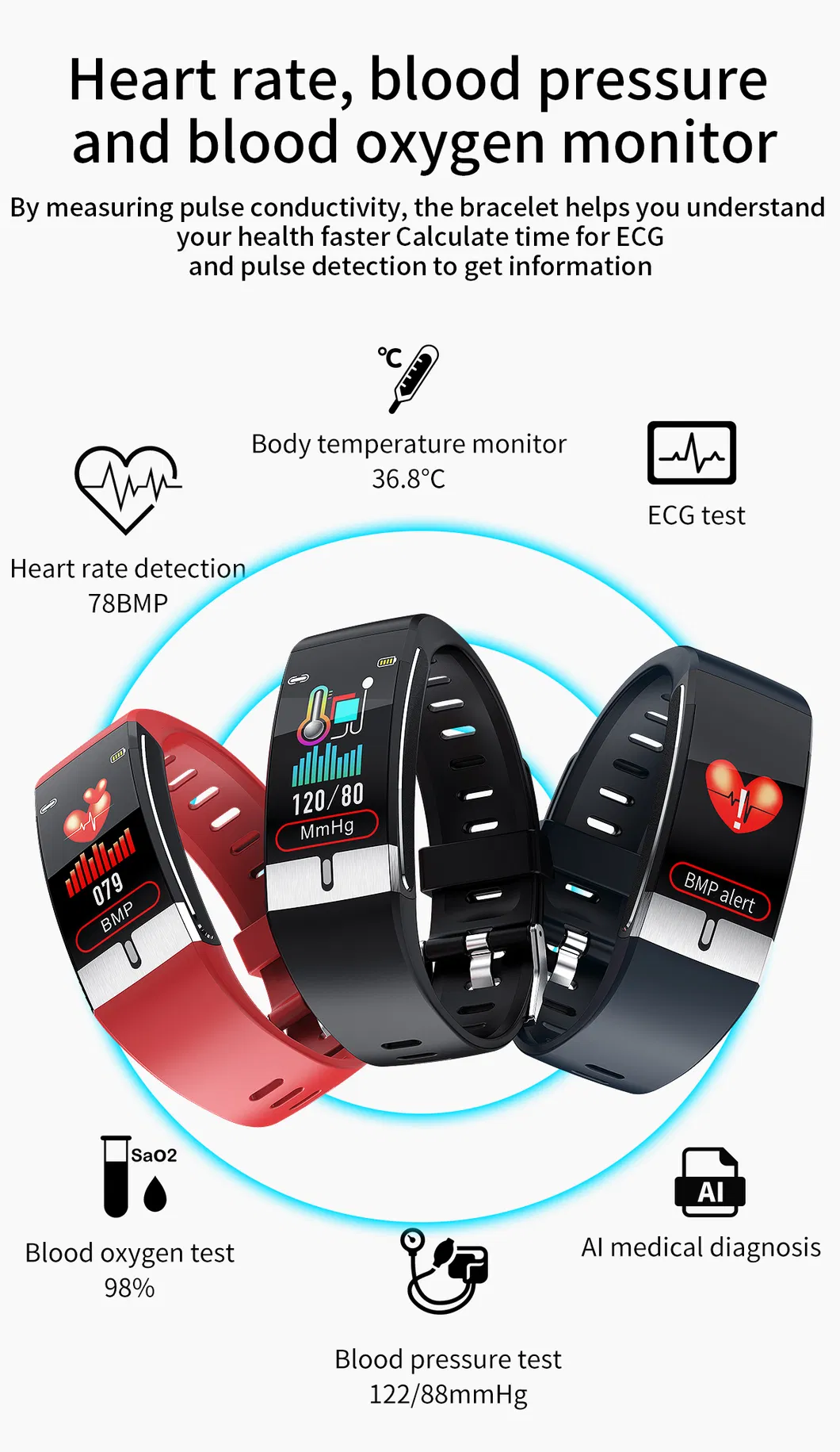 New Model IP68 Waterproof Bluetooth Body Temperature heart rate blood pressure Smart Bracelet Watch E66