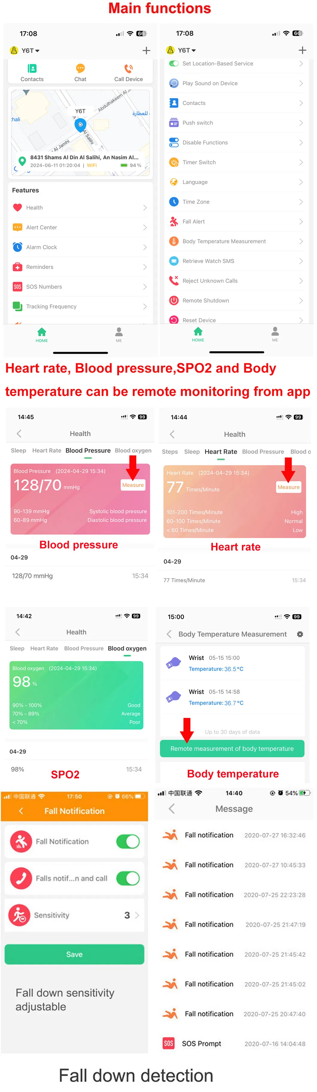 2024 4G LTE IP67 Waterproof Health Care Thermometer Senior Tracker GPS with Fall Down Alarm Heart Rate Removal Alert Y6T