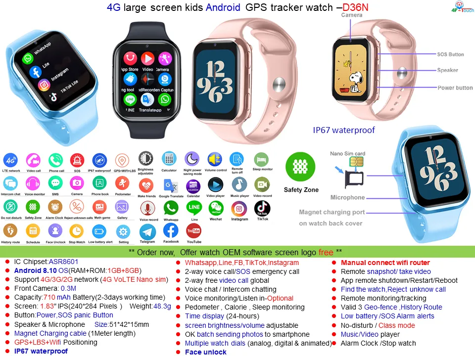 2024 China Factory LTE IP67 Waterproof Kids GPS Phone Watch with Geo-fence Setup for Parental Control D36N