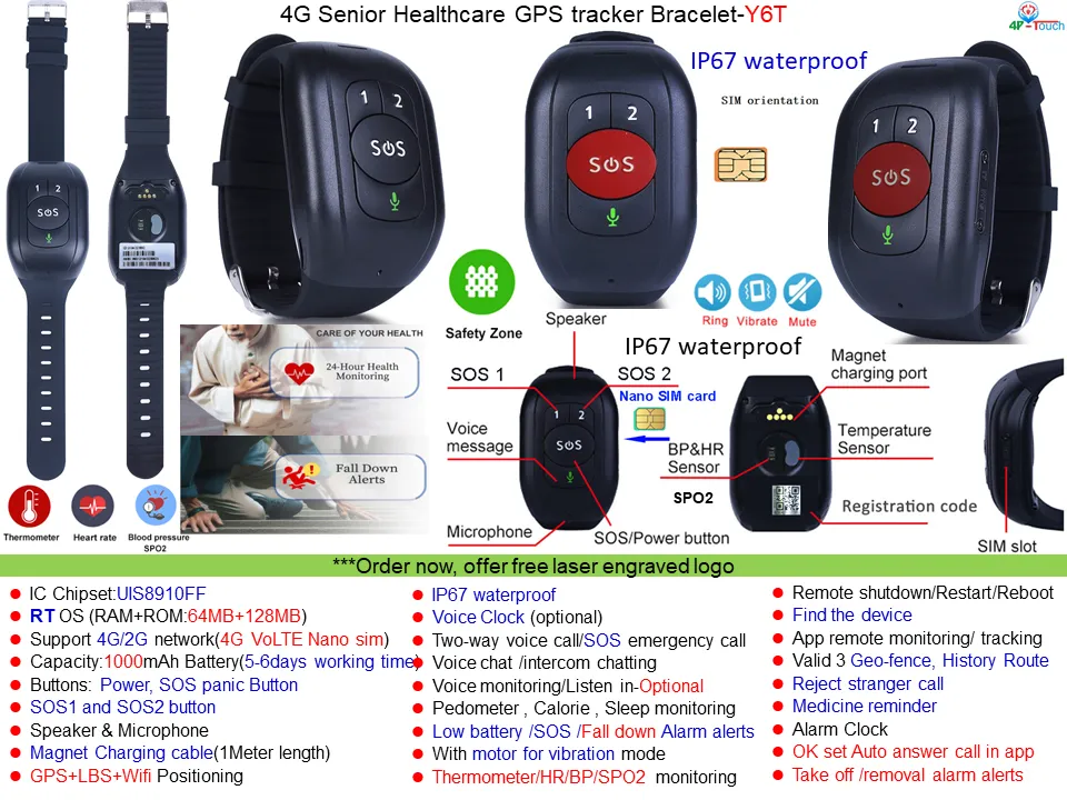 2024 Latest IP67 Waterproof 4G LTE Thermometer Safety GPS Bracelet Tracker with Heart Rate Blood Pressure Take off Alarm Y6T