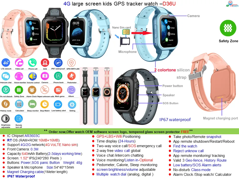 2024 New Design LTE IP67 Waterproof Accuracy Smart Trakcer Watch with HD Camera for Two Ways Video Call D36U