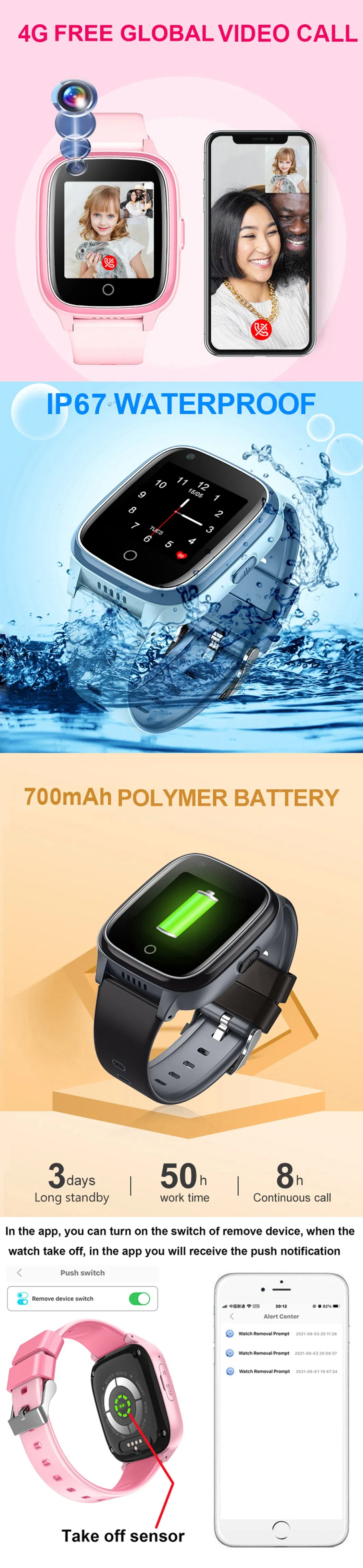 2024 New developed 4G IP67 water resistance Kids Children security Smart Watch GPS Tracking with removal detection video call D31U