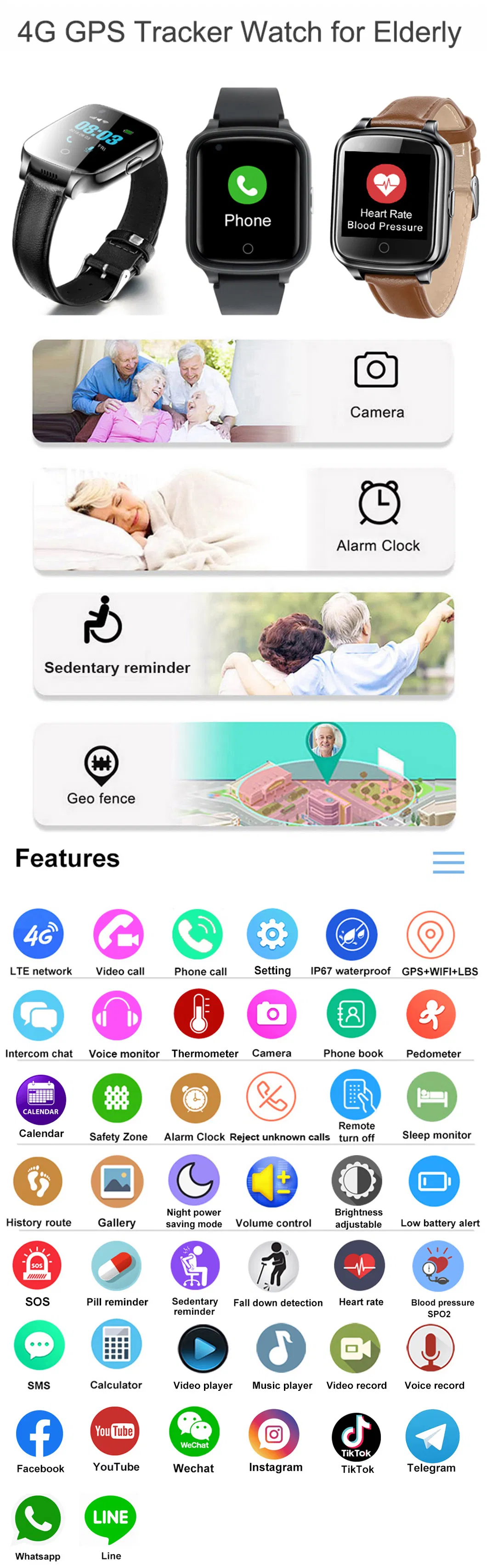 2024 android 8.1 4G senior healthcare safety IP67 waterproof GPS Tracker Watch with Whatsapp Facebook Tiktok available D41
