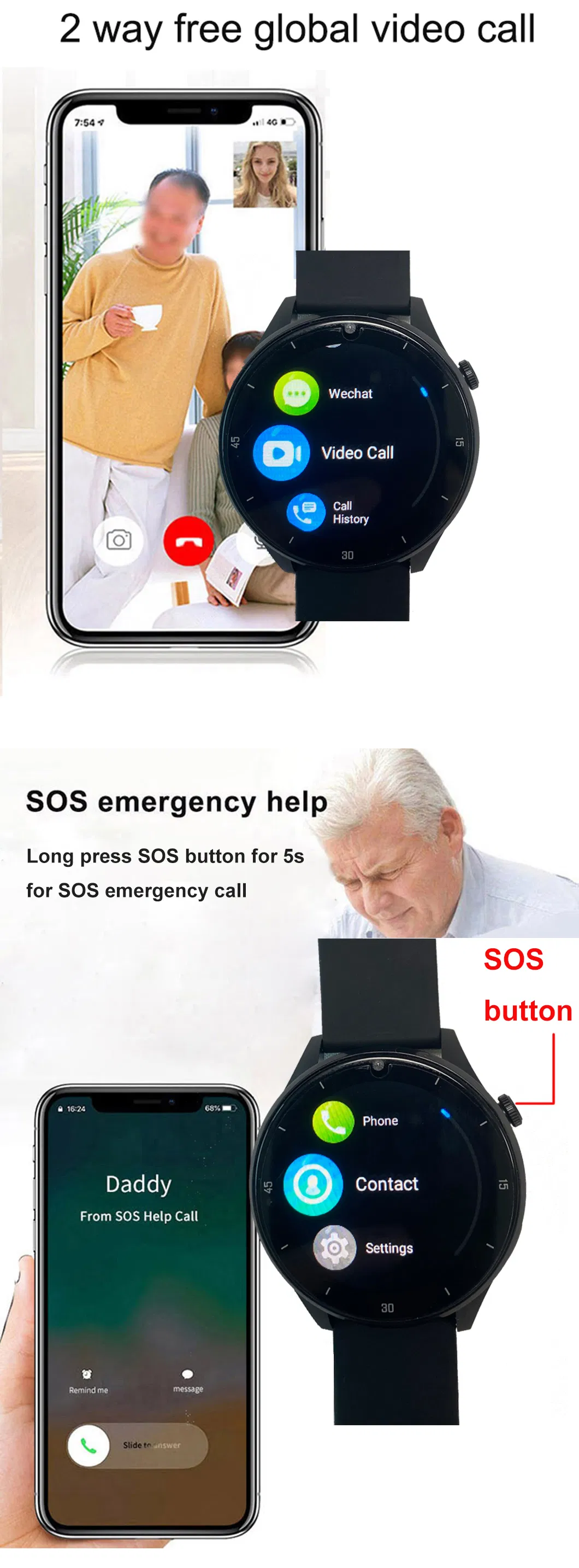 4G Elderly parents fall down alert Smart Watch GPS Tracker with heart rate blood pressure D48