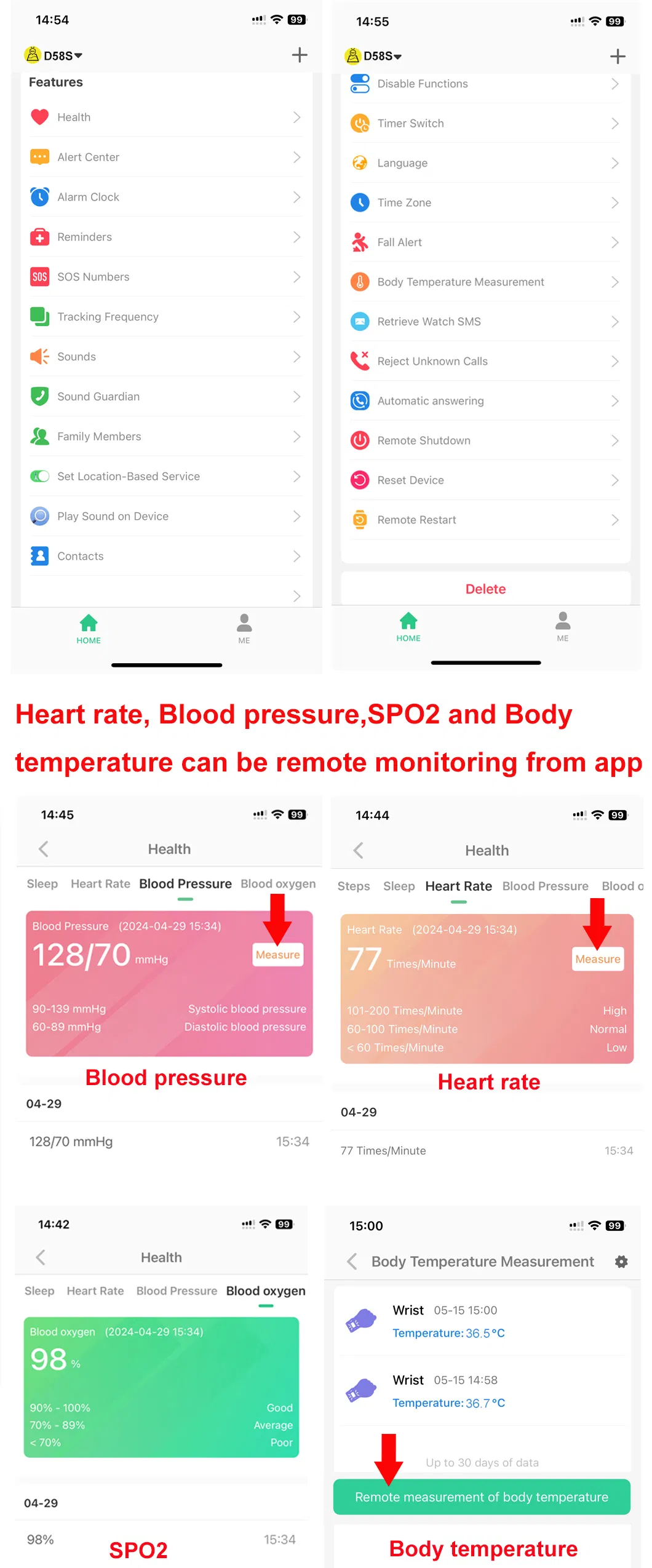 4G IP67 Waterproof Heart Rate Blood Pressure safety Senior GPS Tracker Watch with Fall Down Sensitivity Adjustable D58S