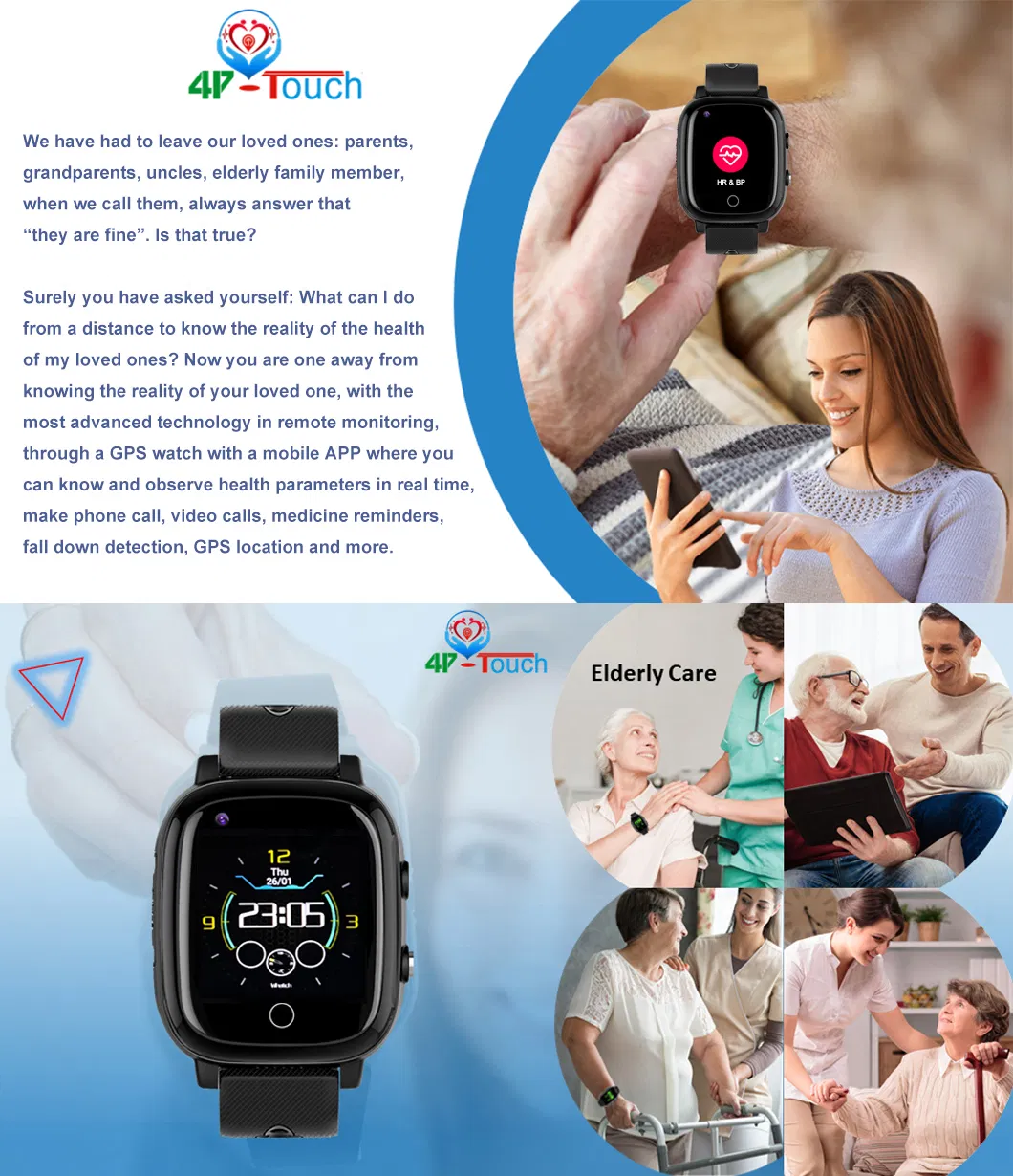 4G IP67 Waterproof Thermometer Tracker Watch GPS with Video Call Fall Down Detection for Health Monitor D4L