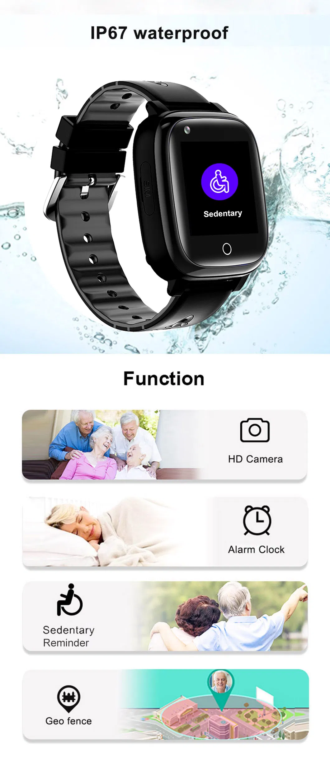 4G IP67 Waterproof Thermometer Tracker Watch GPS with Video Call Fall Down Detection for Health Monitor D4L