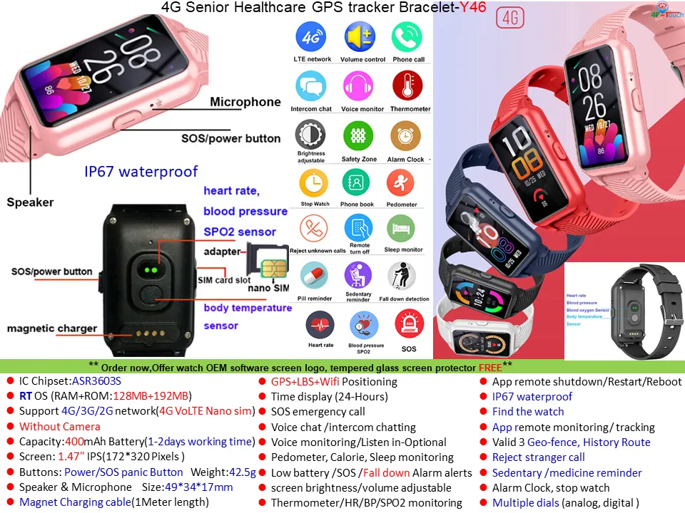 4G IP67 waterproof colorful touch screen elderly Alzheimer′s patients Wearable GPS Watch with thermometer HR BP Blood oxygen Y46