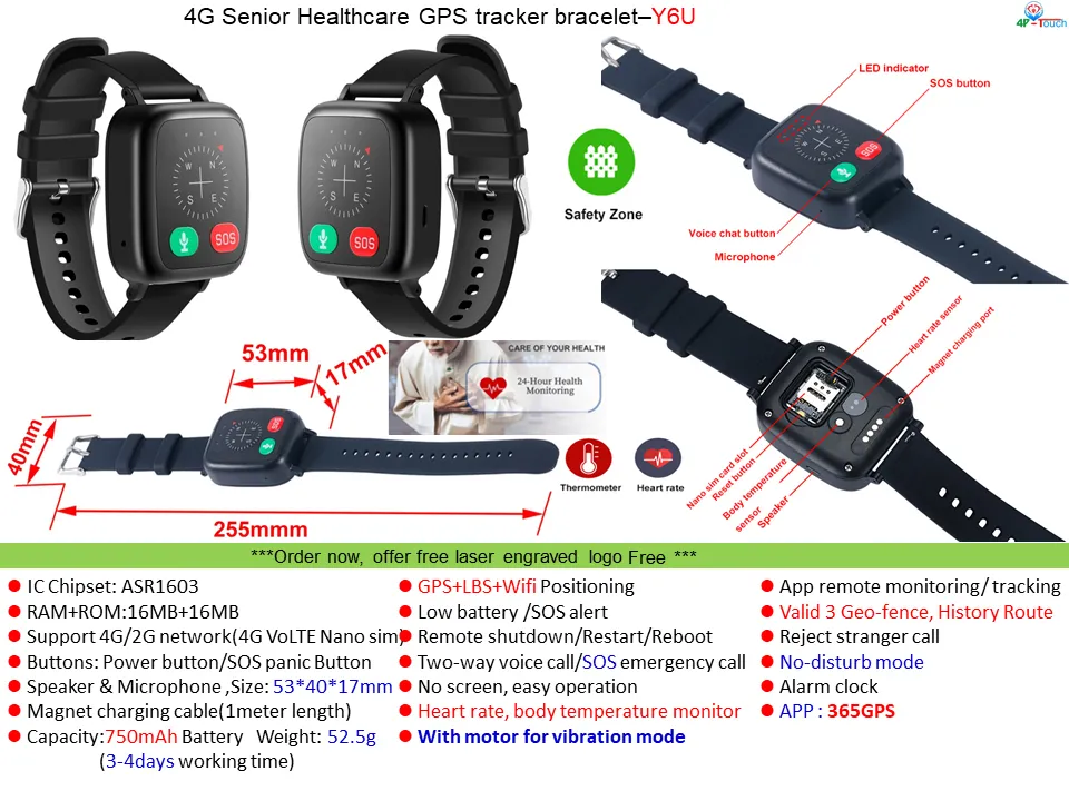 4G LTE Waterproof IP67 Elderly fitness personal security GPS Tracker locator with heart rate thermometer Y6U