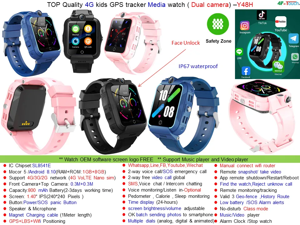 Best Selling 4G IP67 Waterproof Girls Child Safety Cell Phone Kids Watch Tracker GPS with Two Way video call dual camera Y48H