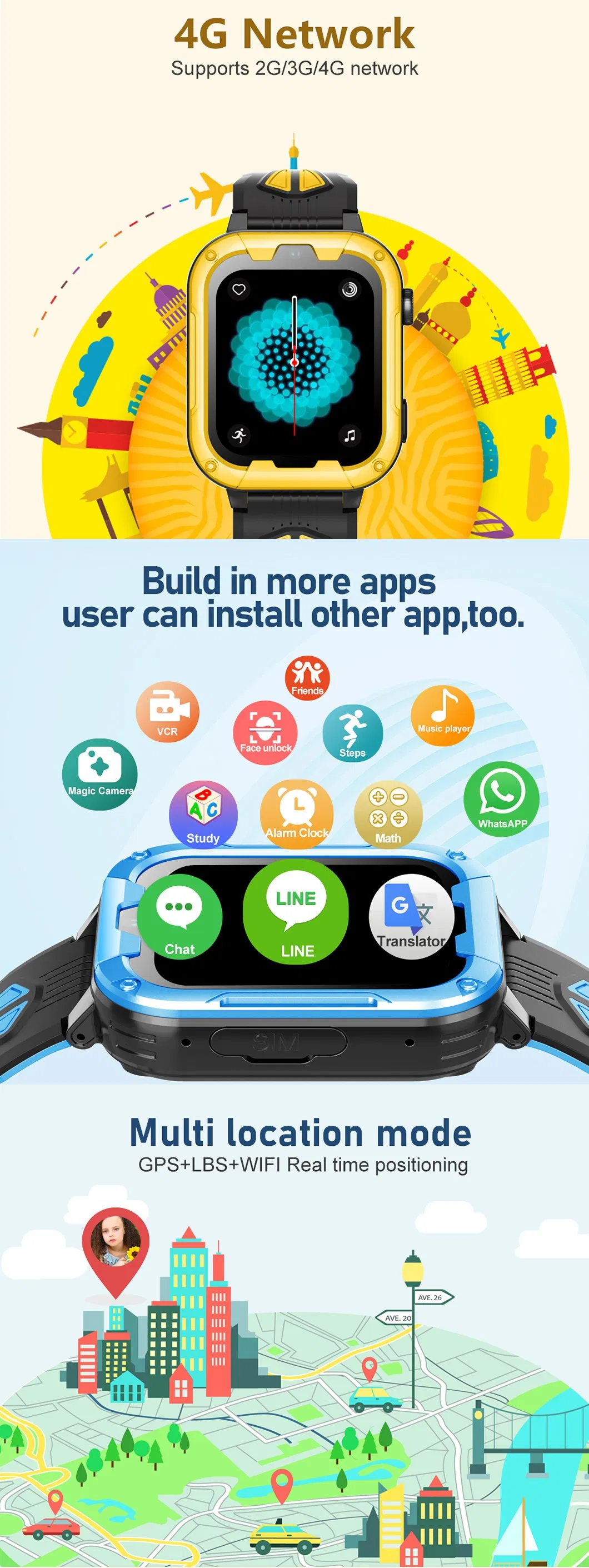 Best quality full edgeless screen rotation menu button Kids Safety Smart Tracker watch mobile GPS with video call for security monitoring D49U