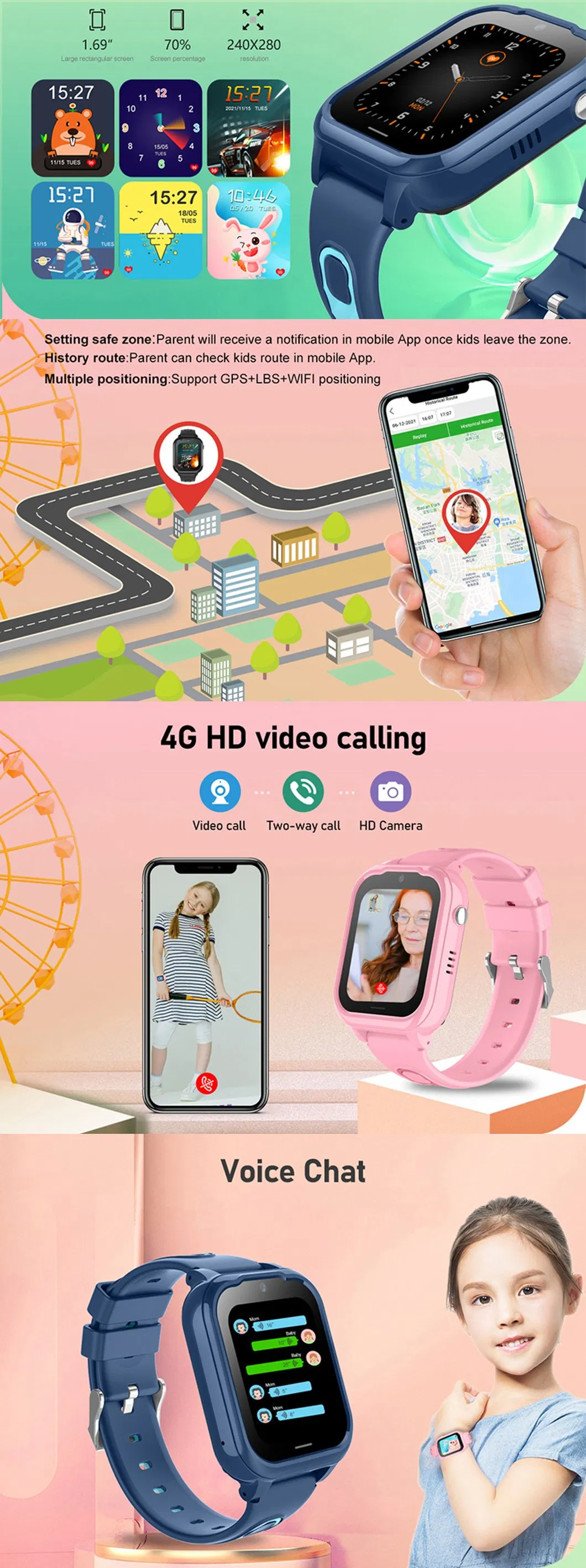 Best quality new design 4G video call Media GPS Safety Kids Smart Watch GPS Tracker with motor for vibration mode D52