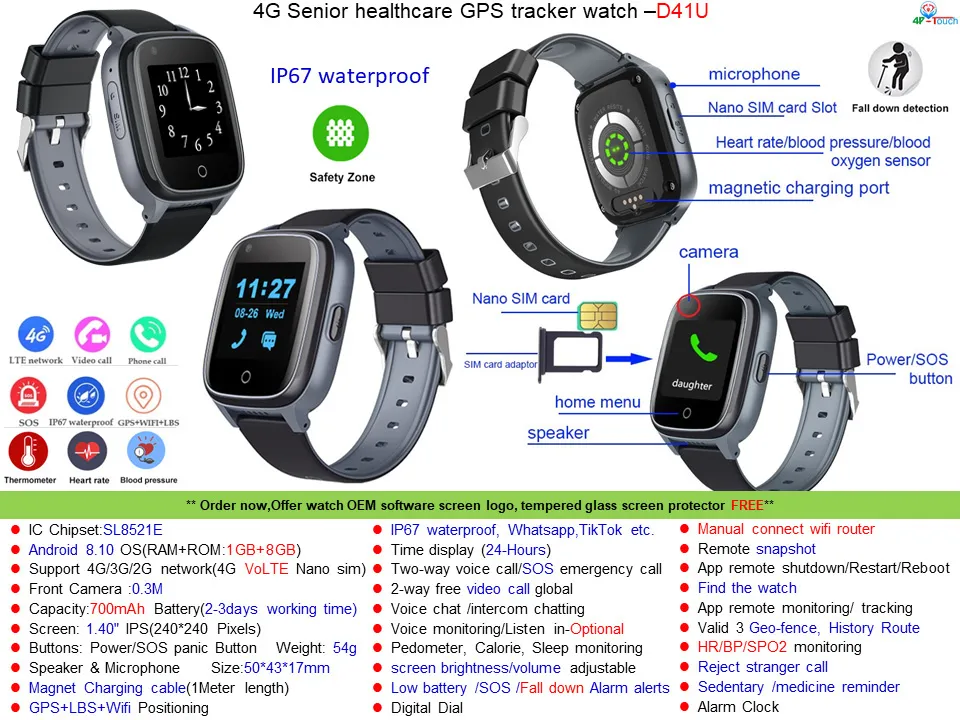 China Factory LTE IP67 Waterproof HR Blood Pressure SpO2 Monitor Senior Fall Down GPS Alert Smart Watch Tracker for Alzheimer Disease D41U