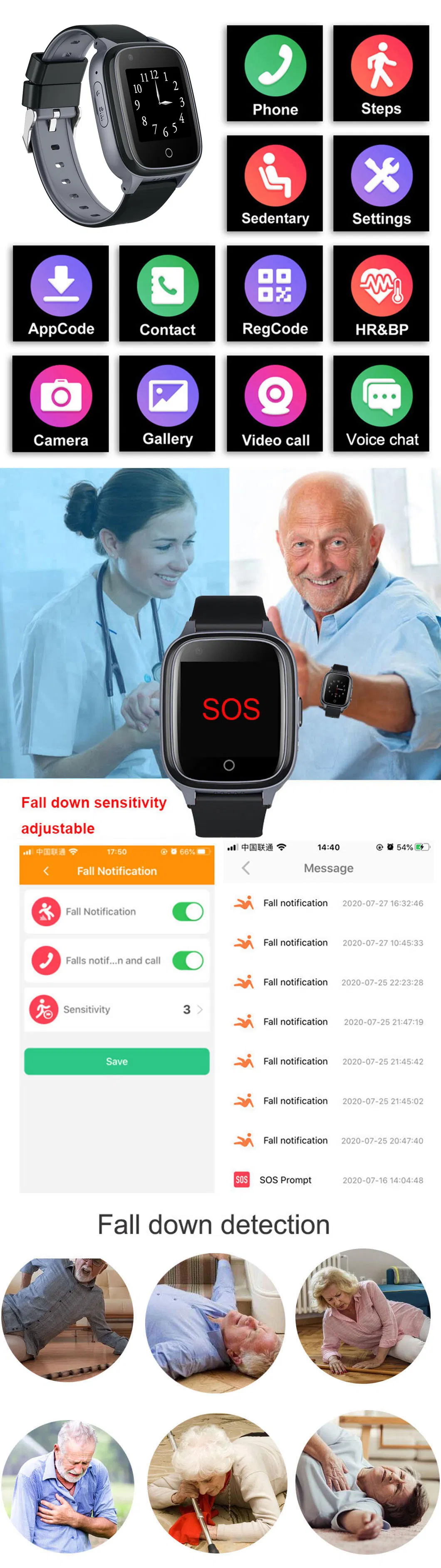 China Factory LTE IP67 Waterproof HR Blood Pressure SpO2 Monitor Senior Fall Down GPS Alert Smart Watch Tracker for Alzheimer Disease D41U