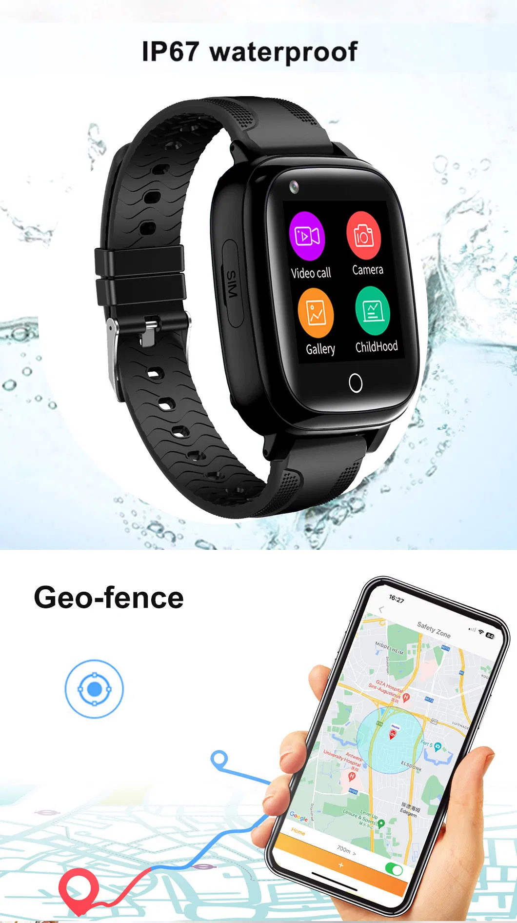 China Factory LTE IP67 Waterproof Kids Wearable GPS Watch with Live Map Monitoring for Realtime Google Map Tracking D4LK