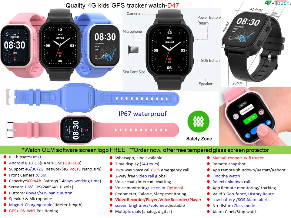 China factory IP67 waterproof 4G GPS Tracker Mobile watch phone with live map monitoring history tracking D47