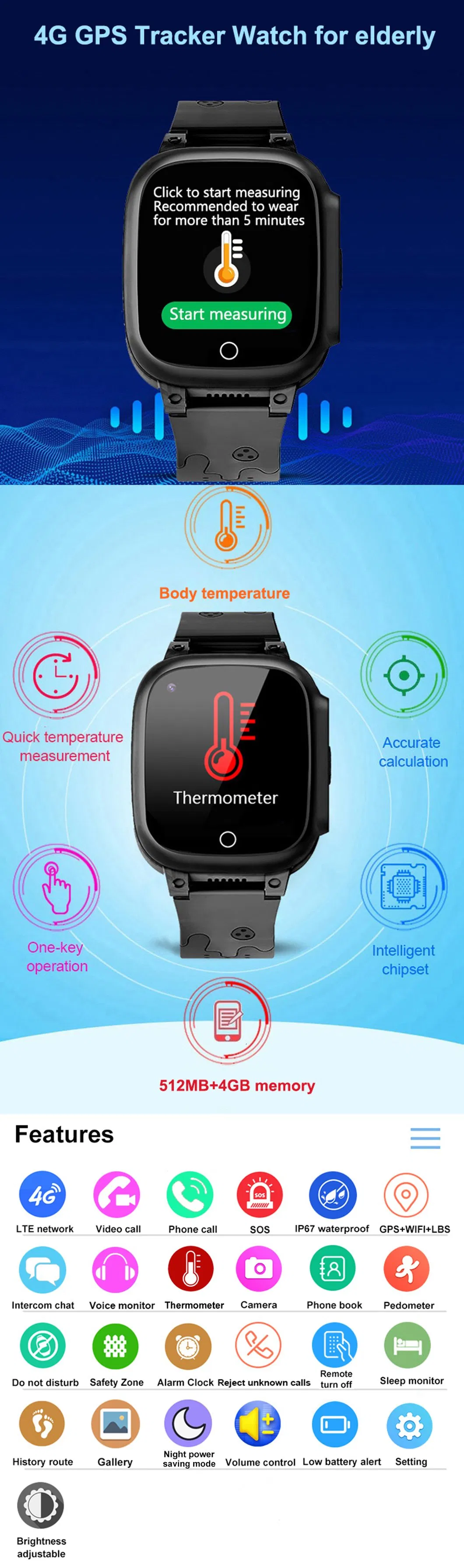 China manufacturer IP67 Waterproof 4G 2 Way Video Call Personal Security Smart Tracking GPS Tracker Phone Watch with Body Temperature D51S